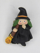Vintage Plastic/Acrylic Green Hair Witch Holding Broom Pin Costume Jewelry - £8.75 GBP