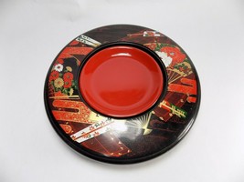 Vintage Faux Lacquer Ware Covered Serving Dish Plate Set Oriental Art Design - £14.70 GBP