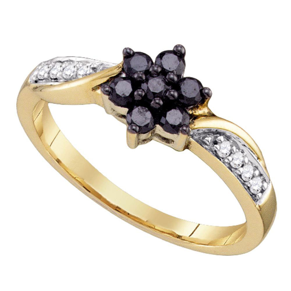 10k Yellow Gold Round Black Color Enhanced Diamond Cluster Fashion Ring 1/3 Ctw