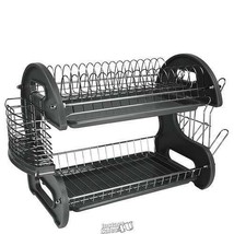 HomeBasics Dish Drying Rack Utensil Holder Sink Cup Drainer Plate Plastic BLACK - £20.92 GBP