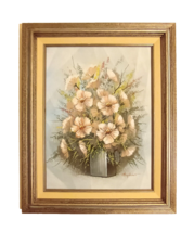 MCM Oil Painting Hopkins Signed &#39;Still Life With White Flowers&#39; Framed 21&quot;x17&quot; - £63.30 GBP