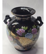 Vintage ORIENTAL Japanese Peacock 8.5&quot; Double Handle Vase Floral Over On... - $29.84 CAD