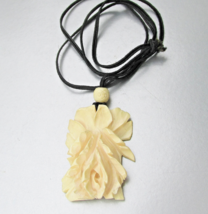 Vintage Carved Bovine Bone ROSE Pendant Black Cord Necklace - $49.45