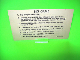 BIG GAME 1980 Original Flipper Pinball Machine Instruction Card 2-Sided - £19.82 GBP