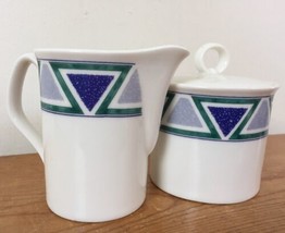 Set Of Vtg Mikasa Studio Nova Vista JJP01 Blue Green Triangle Creamer + ... - £29.08 GBP