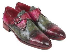 Paul Parkman Mens Shoes Green Purple Leather Monkstraps Ostrich Handmade... - $784.99