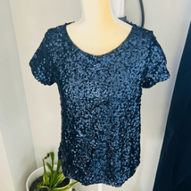 White House Black Market Classic Stretch Sequin Tee Ballet Top, Small, Navy, NWT - £41.45 GBP