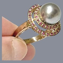 10mm Tahitian Sea Exquisite Peacock Gray 35 pcs Real Rubies Cultured Pearl Ring - $222.75