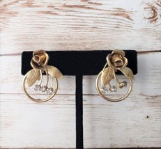 Vintage Screw On Earrings Gold Tone Rose with Clear Gems - £10.21 GBP