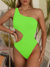 Cutout One Shoulder One-Piece Swimwear, Neon Green - $25.00