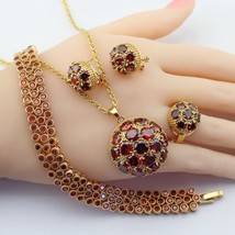 18K Gold Color Jewelry Sets For Women Red Zircon Bracelet Hoop Earrings Necklace - £42.93 GBP