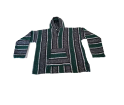 Baja Hoodie Medium Green Black Striped Festival Drug Rug Vintage Mexico - £10.58 GBP