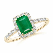 ANGARA Emerald-Cut Emerald Ring with Diamond Halo for Women in 14K Solid Gold - £1,749.21 GBP