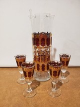 Vtg Culver Scroll Cranberry Gold Martini Cocktail Pitcher Stirrer &amp; 4 Co... - £78.21 GBP