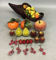 Wicker Vintage Cornucopia Horn Of Plenty Filled W/ 77 Fruits/Veggies/Pumpkins - $24.74