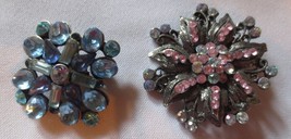 Gorgeous Vtg Pink White Flower &amp; Blue button Rhinestones Pins Brooches Unsigned - £31.24 GBP