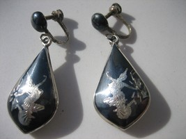 Vtg Siam Black Enamel Niello Dancer Sterling Silver Screw Back Earrings 1.75 in - £18.59 GBP