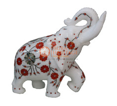 8&quot; White Marble Elephant Sculpture Carnelian Inlay Design Decor Home Gift H5717 - £266.87 GBP