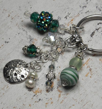 Sand Dollar Beach Crystal Glass Beaded Handmade Keychain Split Key Ring Green - £15.02 GBP