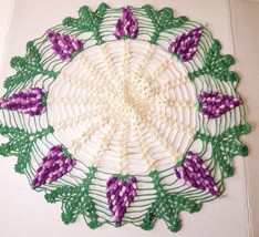 Hand Crocheted Round Purple Grapes Green White Doily  20&quot; Tiny spot Vintage - £9.97 GBP