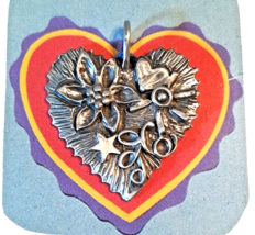 Vintage Pewter Folk Art Heart Ornament Pendant Handcrafted New old stock - £17.82 GBP