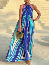 2024 Summer Flowy Colorful Striped Halterneck Sleeveless Maxi Dress - $62.95