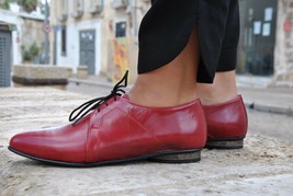 Women&#39;s Handmade Pure Leather Oxfords lace up shoes Red Leather Shoes for Women - £136.51 GBP