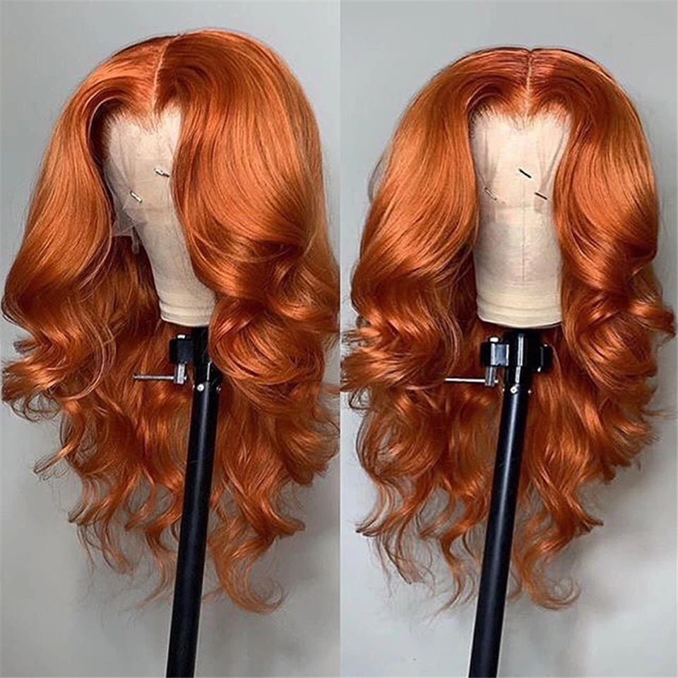 Ginger Human Hair Wig Brazilian Straight Lace Front Wig 180% Density Remy Orange - £72.43 GBP+