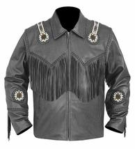 Men Western Wear Cowhide Black Leather Fringe Coat Jacket Beaded Braid W... - £125.53 GBP