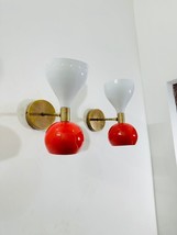 1950s Mid Century White &amp; Red Wall Sconce Pair Brass Italian Diabolo Plug in Wal - £87.29 GBP