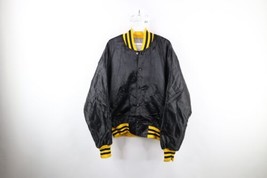 Vtg 80s Mens Large Distressed Spell Out Harvest Satin Bomber Jacket Black USA - $49.45