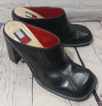 Tommy Hilfiger Platform Chunky Heel Clogs 90s Square Toe Leather Mule Sz 7.5 Y2K - £47.46 GBP