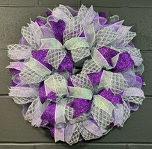 Purple Silver Year Round Wreath, 24 Inch Handmade Deco Mesh Wreath - £59.95 GBP