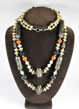 Double Strand Cream Beaded Vintage Necklace Silvertone Heavy Metal Beads 32&quot; - £24.90 GBP
