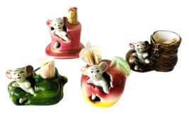 4 Mice in Apple Green Pepper Hat Shoe Vintage Ceramic Toothpick Holders Japan - £26.50 GBP
