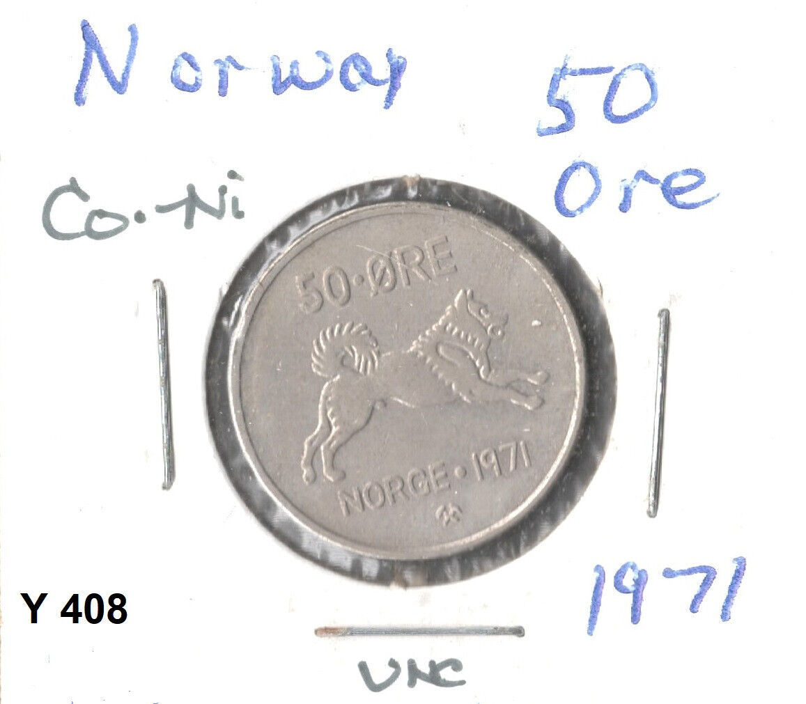 Norway 50 Ore, 1971, copper-nickel, KM 408, Uncirculated - $2.25