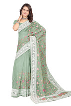 Designer Dusty Pista Multi Resham Embroidery Work Sari Organza Party Wea... - $79.95