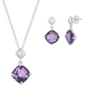 Sterling Silver Cushion-Cut Square Amethyst Necklace and Earrings Set - £97.86 GBP