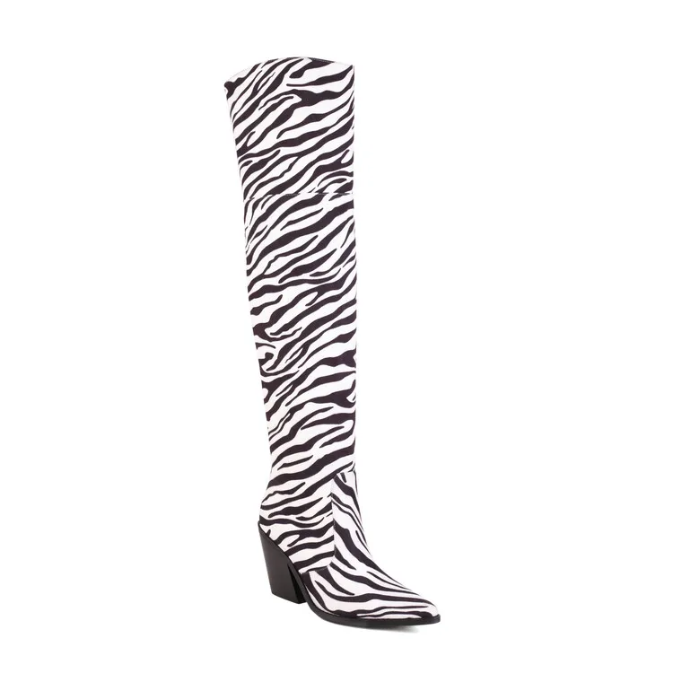 Oots woman winter 2022 fashion pointed toe zebra print chunky heel western cowboy boots thumb200