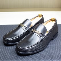 Men&#39;s Loafers Genuine Leather Classic Metal Chain Slip-On Casual Business Dress  - £93.22 GBP