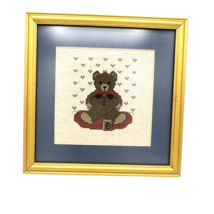Vintage Cross Stitch Teddy Bear Matted Country Blue Red Heart Framed Baby 9&quot;x9&quot; - £18.28 GBP