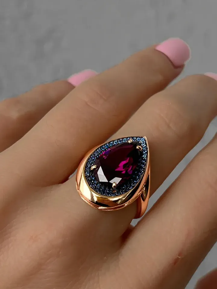 Ring silver 925 gold plated with amethyst and sapphire - $125.00