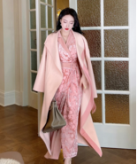 Women&#39;s Long Contrast Panel Alpaca Wool Wrap Coat with Belt - $199.00