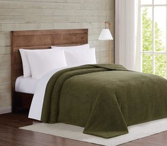 King-Size, Olive-Green Marshmallow Sherpa Bed Blanket From Brooklyn Loom. - £34.87 GBP