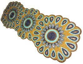 Farmhouse Table Runner Glitz Decorative Rustic Beaded Peacock design Golden blue - £58.07 GBP