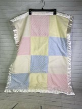 First Impressions Baby Blanket Blue Pink Dots Pastel Patchwork Satin Trim Minky - $10.39
