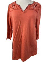 Beach Lunch Lounge Orange Embroidered V Neck 3/4 Sleeve Top, Women&#39;s Small - $9.49