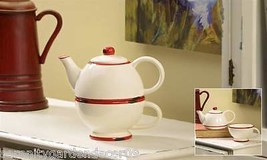 Tea For One Set White Ceramic with Weathered Red Trim 10.5 oz Pot and Cup 5.7 oz image 2