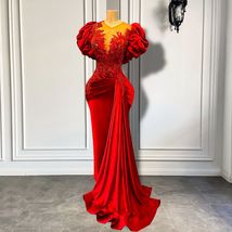 Red Modest Prom Dresses Beaded Applique Elegant Formal Wear with Puffy S... - £206.73 GBP