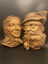 Wall Plaque German Swedish Couple Man Pipe &amp; Beard Wife Woman Faux Wood Carving - £17.84 GBP